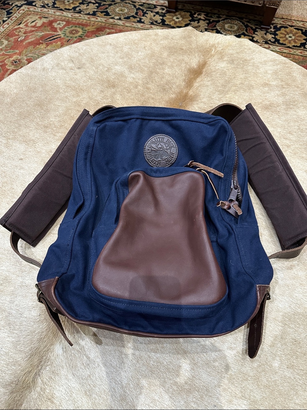 Duluth Pack Navy and Brown Canvas Backpack with Leather Front Pocket. Made 🇺🇸